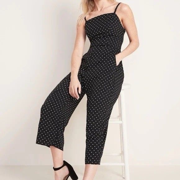 Old Navy Polka Dot Square Neck Cami Jumpsuit Romper Black White XL Summer Smock - Picture 2 of 13